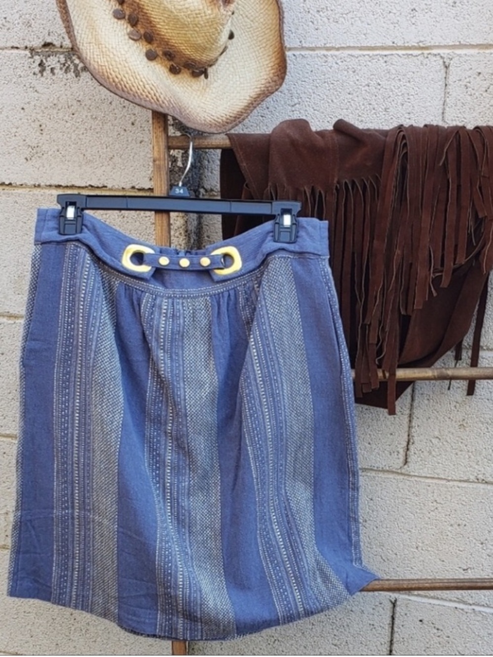 Madchen chambray  A-line skirt striped embroidery gold belt summer anthro $200